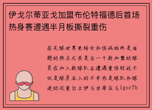 伊戈尔蒂亚戈加盟布伦特福德后首场热身赛遭遇半月板撕裂重伤