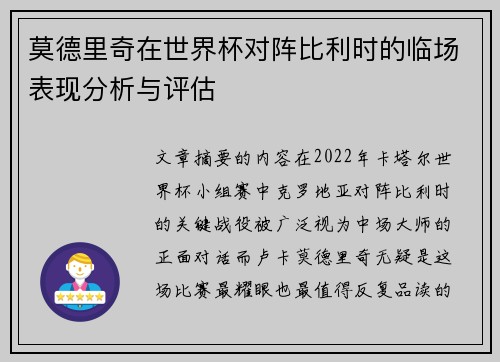莫德里奇在世界杯对阵比利时的临场表现分析与评估